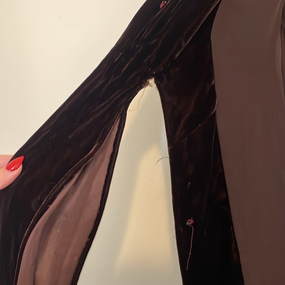 Donna Karan | Brown Silk Long Sleeve Velvet V-Neck Mini Dress - Picture 4 of 7